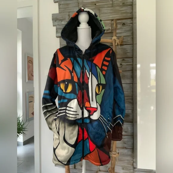 Trendy Abstract Cat Print Hooded Long Sleeve Zip Front Faux Fur Lined Jacket SzL - Picture 1 of 13